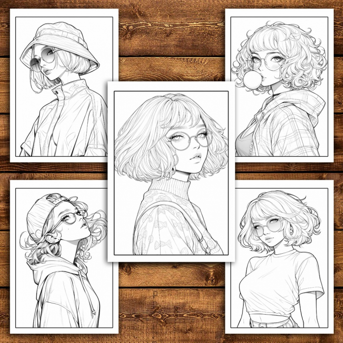 Carte de colorat pentru relaxare si antistres, 50 de ilustratii, Anime Hipster Girls, 106 pagini [6]