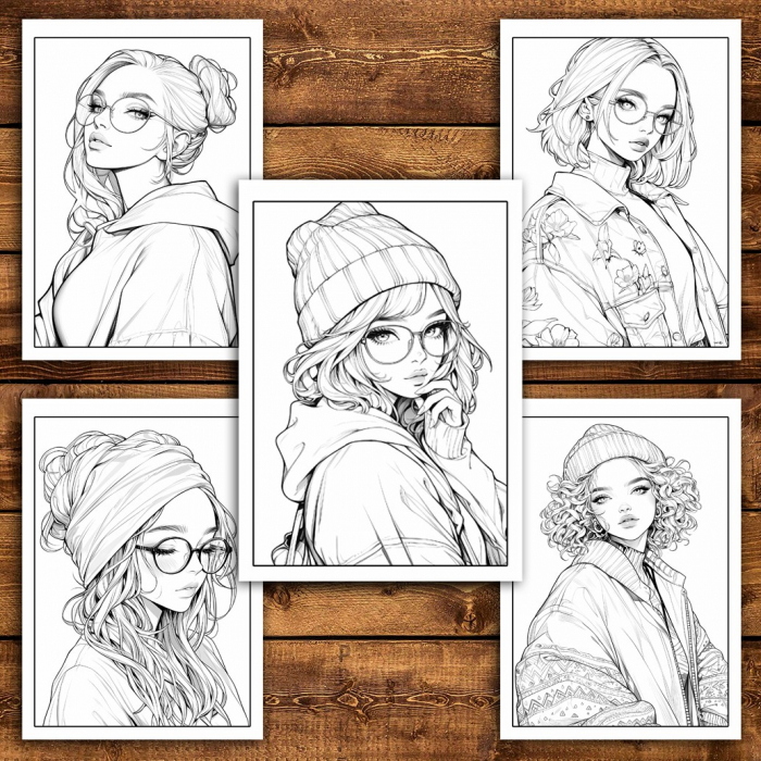 Carte de colorat pentru relaxare si antistres, 50 de ilustratii, Anime Hipster Girls, 106 pagini [5]