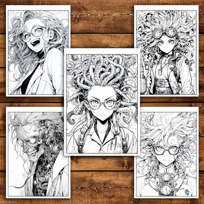 Carte de colorat pentru relaxare si antistres, 50 de ilustratii, Anime Mad Scientists, 106 pagini [5]