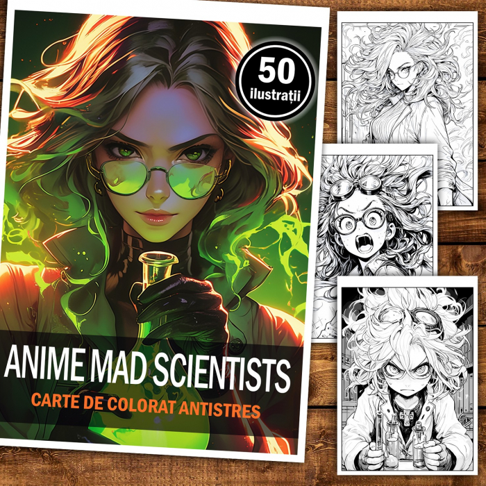Carte de colorat pentru relaxare si antistres, 50 de ilustratii, Anime Mad Scientists, 106 pagini [2]
