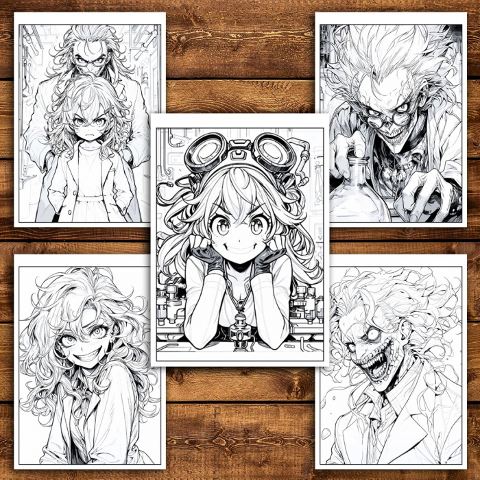 Carte de colorat pentru relaxare si antistres, 50 de ilustratii, Anime Mad Scientists, 106 pagini [4]