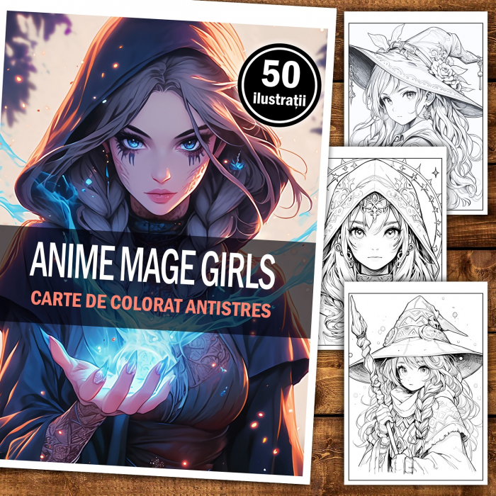 Carte de colorat pentru relaxare si antistres, 50 de ilustratii, Anime Mage Girls, 106 pagini [2]
