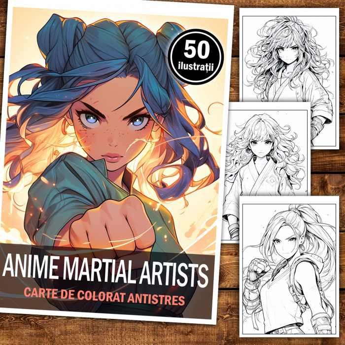 Carte de colorat pentru relaxare si antistres, 50 de ilustratii, Anime Martial Artists, 106 pagini [2]