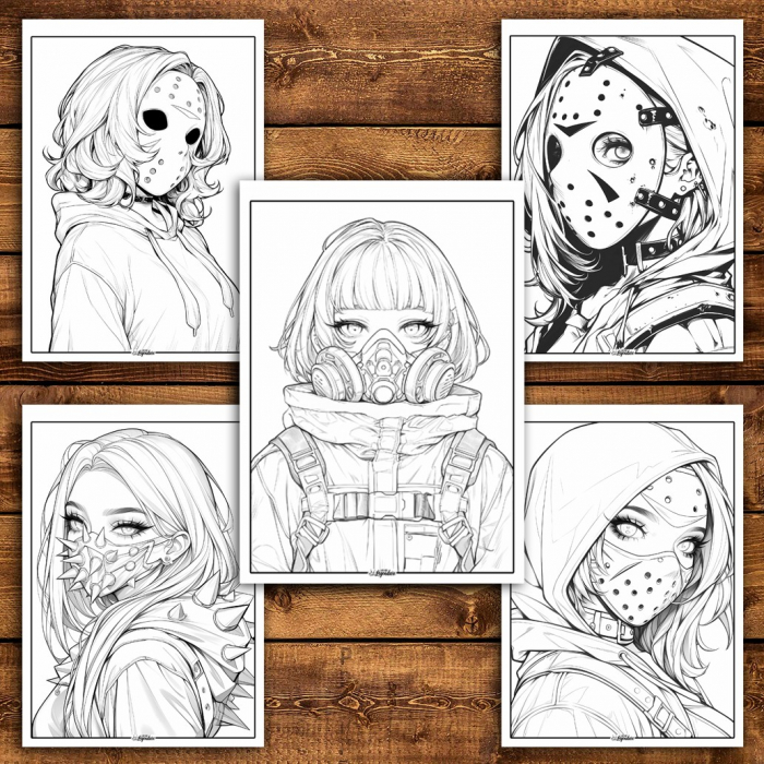 Carte de colorat pentru relaxare si antistres, 50 de ilustratii, Anime Mask Girls, 106 pagini [4]