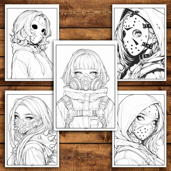 Carte de colorat pentru relaxare si antistres, 50 de ilustratii, Anime Mask Girls, 106 pagini [4]
