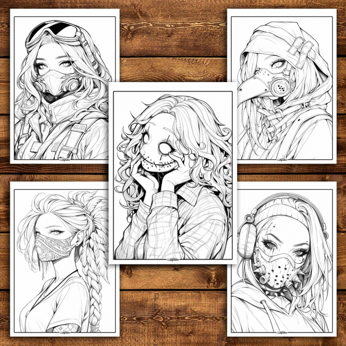 Carte de colorat pentru relaxare si antistres, 50 de ilustratii, Anime Mask Girls, 106 pagini [6]