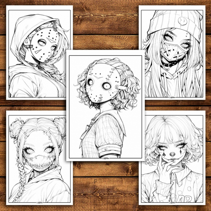 Carte de colorat pentru relaxare si antistres, 50 de ilustratii, Anime Mask Girls, 106 pagini [5]