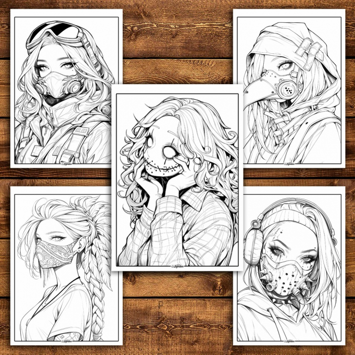 Carte de colorat pentru relaxare si antistres, 50 de ilustratii, Anime Mask Girls, 106 pagini [6]