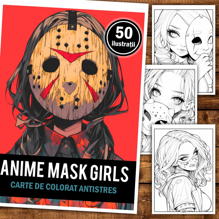 Carte de colorat pentru relaxare si antistres, 50 de ilustratii, Anime Mask Girls, 106 pagini [2]