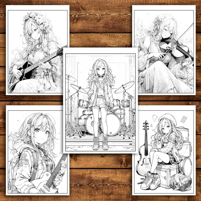 Carte de colorat pentru relaxare si antistres, 50 de ilustratii, Anime Musician Girls, 106 pagini [5]