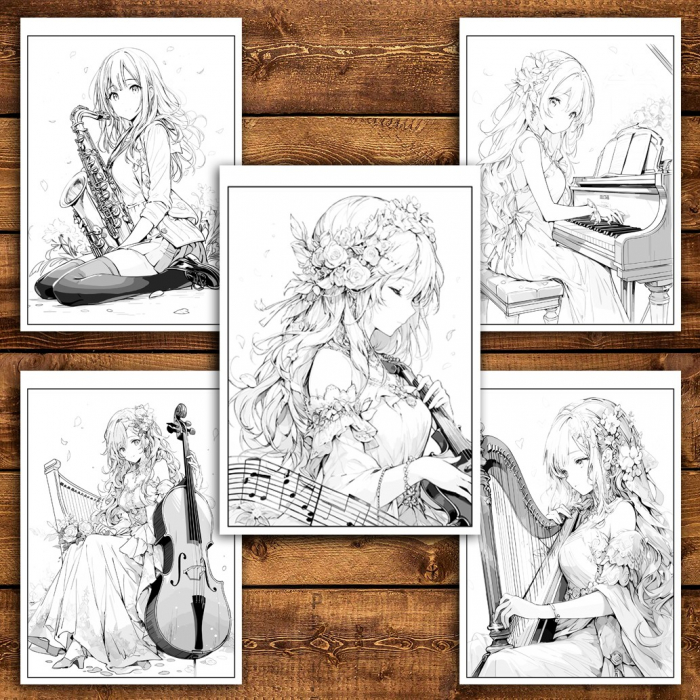 Carte de colorat pentru relaxare si antistres, 50 de ilustratii, Anime Musician Girls, 106 pagini [4]