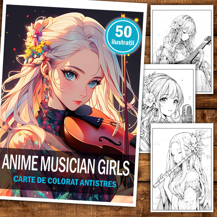Carte de colorat pentru relaxare si antistres, 50 de ilustratii, Anime Musician Girls, 106 pagini [2]