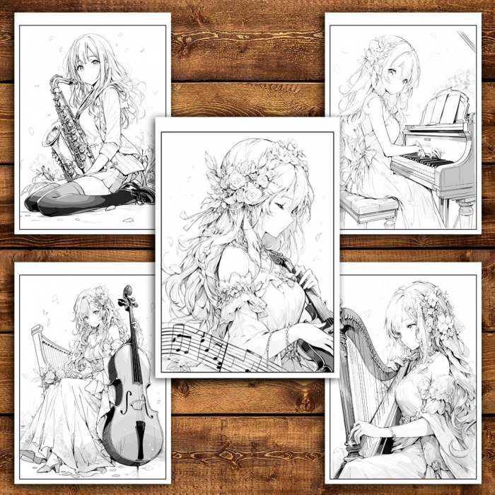 Carte de colorat pentru relaxare si antistres, 50 de ilustratii, Anime Musician Girls, 106 pagini [4]