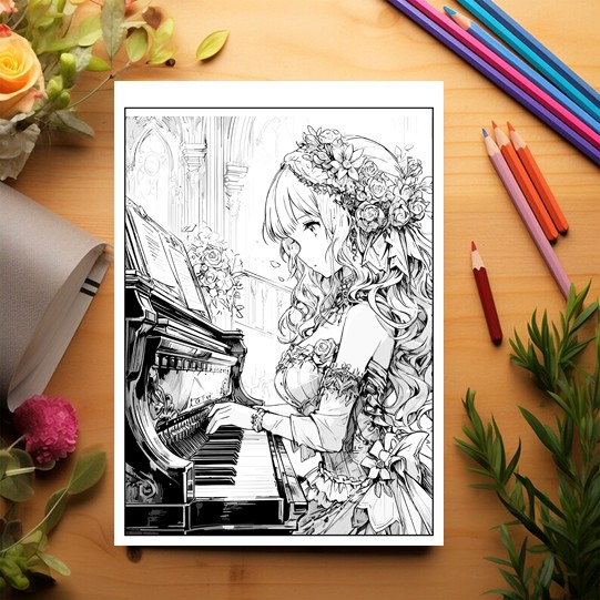 Carte de colorat pentru relaxare si antistres, 50 de ilustratii, Anime Musician Girls, 106 pagini [3]