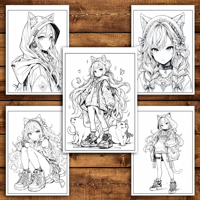 Carte de colorat pentru relaxare si antistres, 50 de ilustratii, Anime Neko Girls - Volumul II, 106 pagini [4]