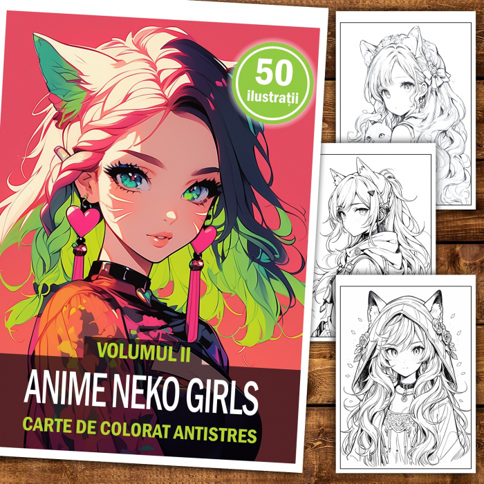 Carte de colorat pentru relaxare si antistres, 50 de ilustratii, Anime Neko Girls - Volumul II, 106 pagini [2]