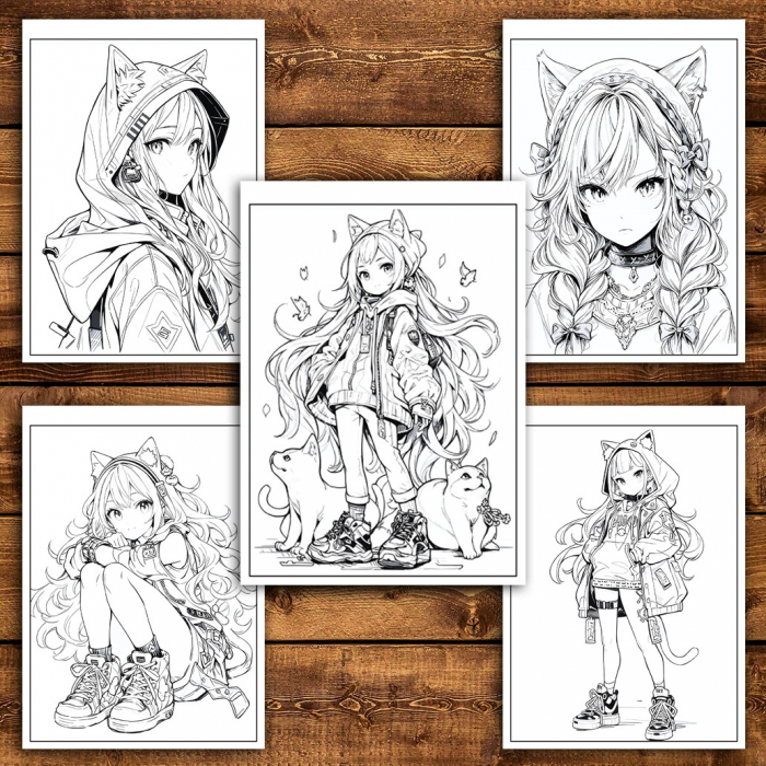 Carte de colorat pentru relaxare si antistres, 50 de ilustratii, Anime Neko Girls - Volumul II, 106 pagini [4]