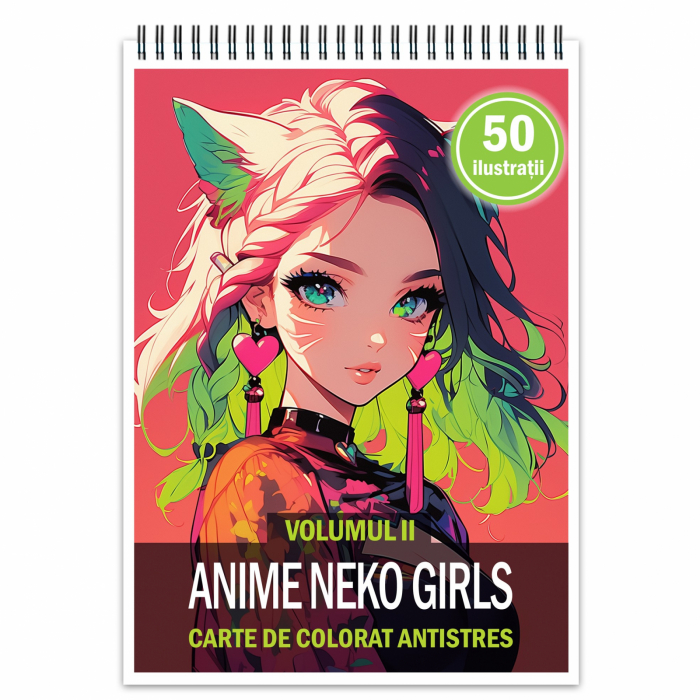 Carte de colorat pentru relaxare si antistres, 50 de ilustratii, Anime Neko Girls - Volumul II, 106 pagini [1]