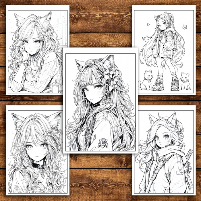 Carte de colorat pentru relaxare si antistres, 50 de ilustratii, Anime Neko Girls - Volumul II, 106 pagini [5]