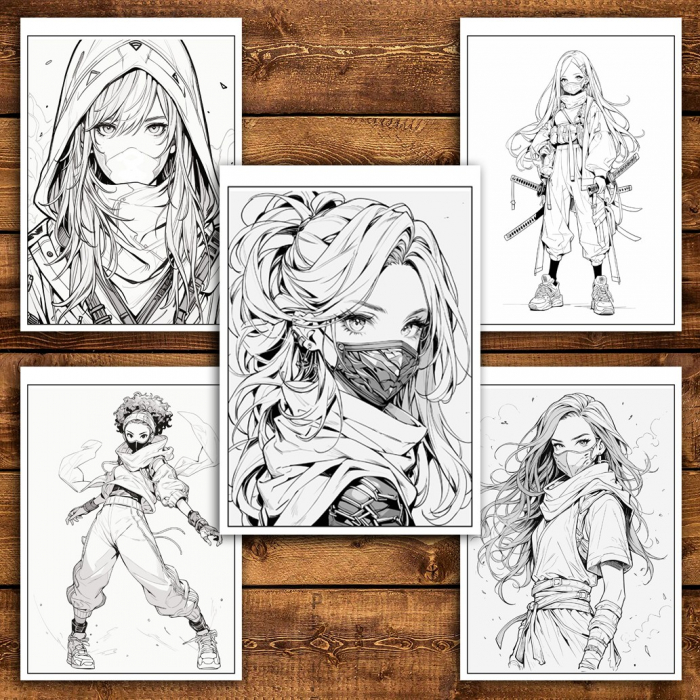 Carte de colorat pentru relaxare si antistres, 50 de ilustratii, Anime Ninja Girls - Volumul II, 106 pagini [5]