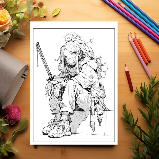 Carte de colorat pentru relaxare si antistres, 50 de ilustratii, Anime Ninja Girls - Volumul II, 106 pagini [3]
