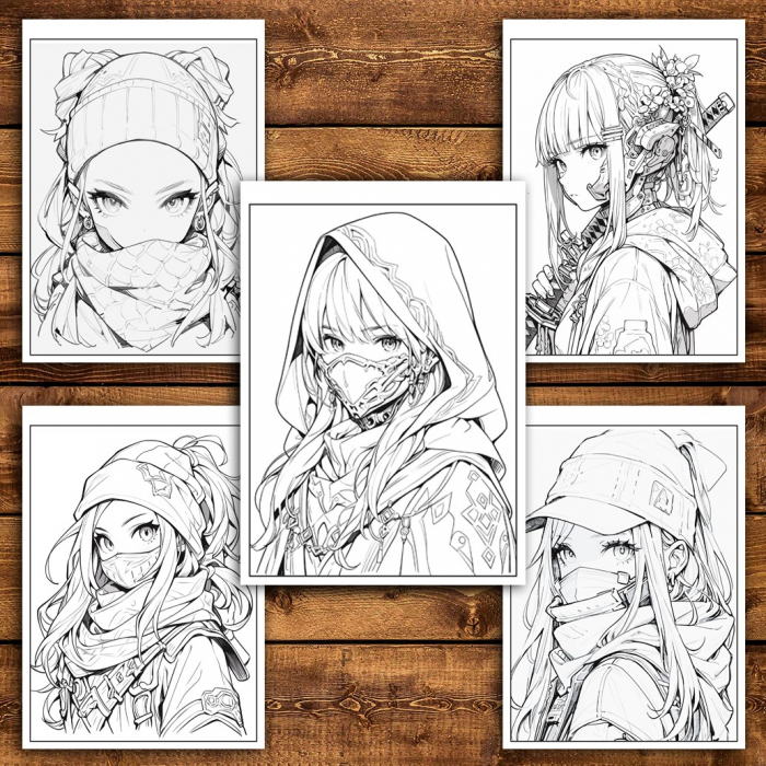 Carte de colorat pentru relaxare si antistres, 50 de ilustratii, Anime Ninja Girls - Volumul II, 106 pagini [4]