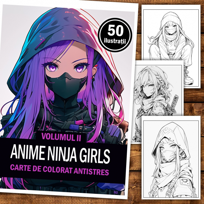 Carte de colorat pentru relaxare si antistres, 50 de ilustratii, Anime Ninja Girls - Volumul II, 106 pagini [2]