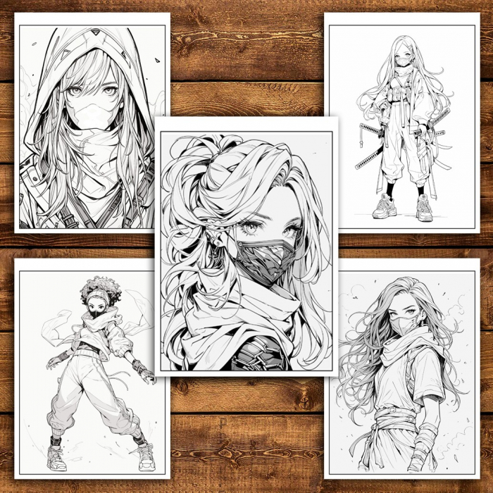 Carte de colorat pentru relaxare si antistres, 50 de ilustratii, Anime Ninja Girls - Volumul II, 106 pagini [5]