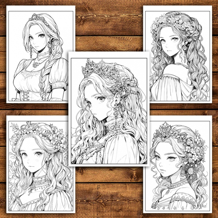 Carte de colorat pentru relaxare si antistres, 50 de ilustratii, Anime Princesses - Volumul IV, 106 pagini [4]