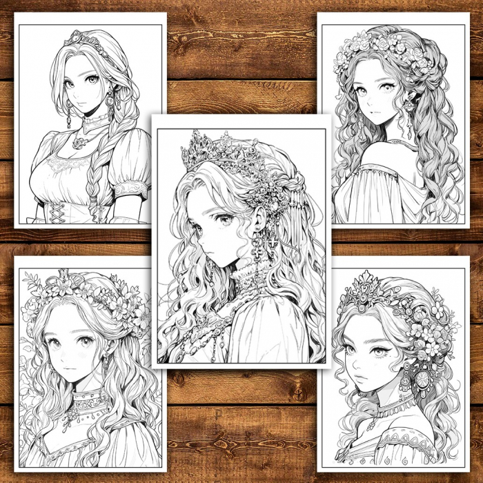 Carte de colorat pentru relaxare si antistres, 50 de ilustratii, Anime Princesses - Volumul IV, 106 pagini [4]