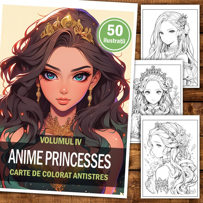 Carte de colorat pentru relaxare si antistres, 50 de ilustratii, Anime Princesses - Volumul IV, 106 pagini [2]