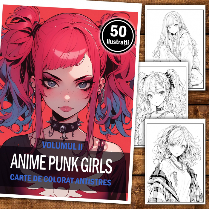 Carte de colorat pentru relaxare si antistres, 50 de ilustratii, Anime Punk Girls - Volumul II, 106 pagini [2]