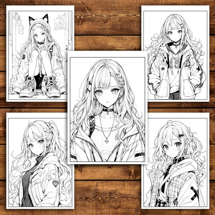 Carte de colorat pentru relaxare si antistres, 50 de ilustratii, Anime Punk Girls - Volumul II, 106 pagini [5]