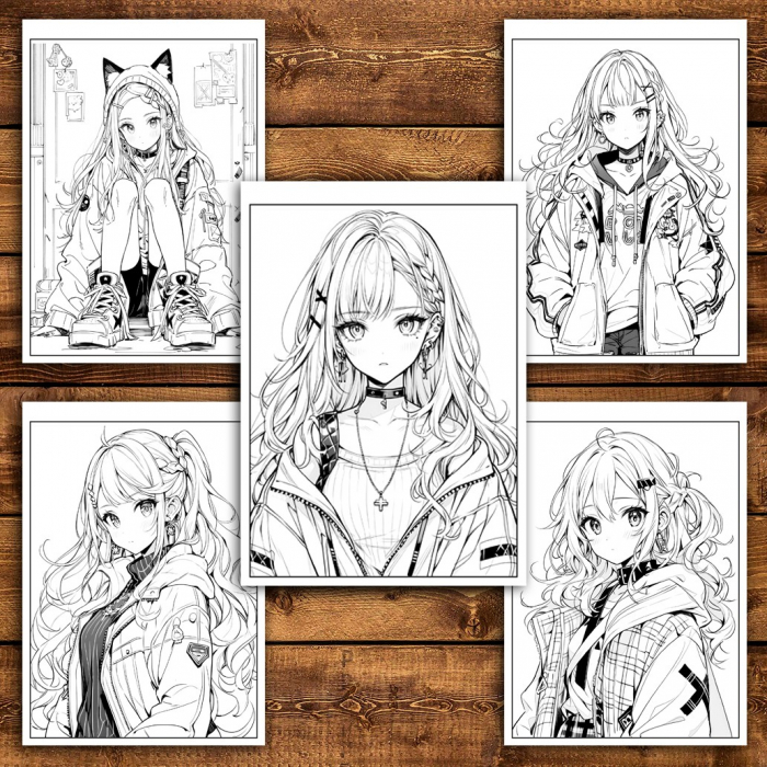 Carte de colorat pentru relaxare si antistres, 50 de ilustratii, Anime Punk Girls - Volumul II, 106 pagini [5]