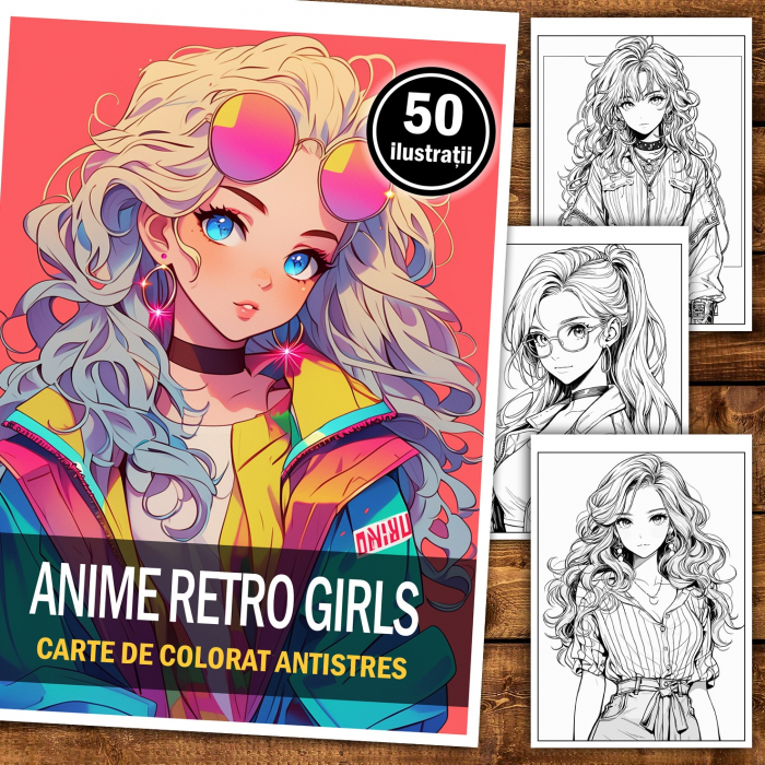 Carte de colorat pentru relaxare si antistres, 50 de ilustratii, Anime Retro Girls, 106 pagini [2]
