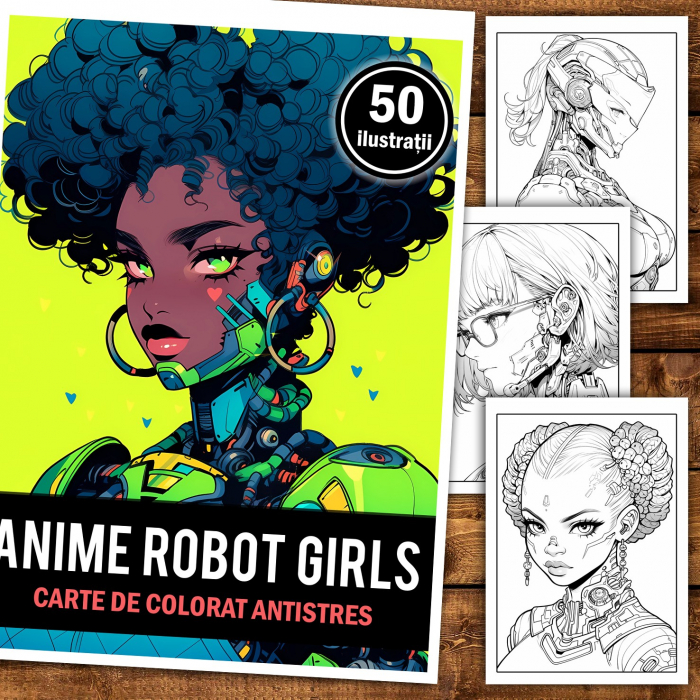 Carte de colorat pentru relaxare si antistres, 50 de ilustratii, Anime Robot Girls, 106 pagini [2]
