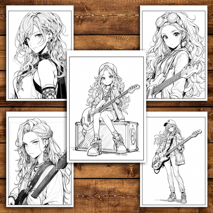 Carte de colorat pentru relaxare si antistres, 50 de ilustratii, Anime Rockstar Girls, 106 pagini [5]