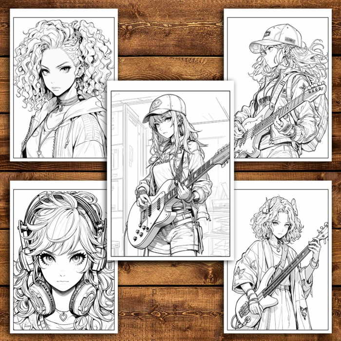 Carte de colorat pentru relaxare si antistres, 50 de ilustratii, Anime Rockstar Girls, 106 pagini [4]