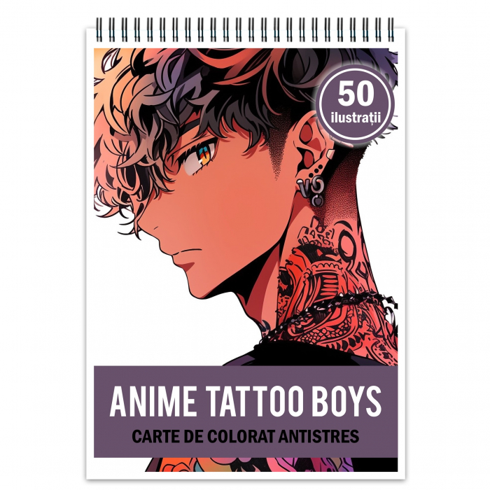 Carte de colorat pentru relaxare si antistres, 50 de ilustratii, Anime Tatoo Boys, 106 pagini [1]
