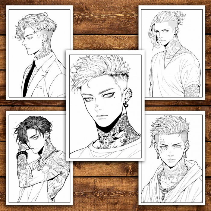 Carte de colorat pentru relaxare si antistres, 50 de ilustratii, Anime Tatoo Boys, 106 pagini [6]