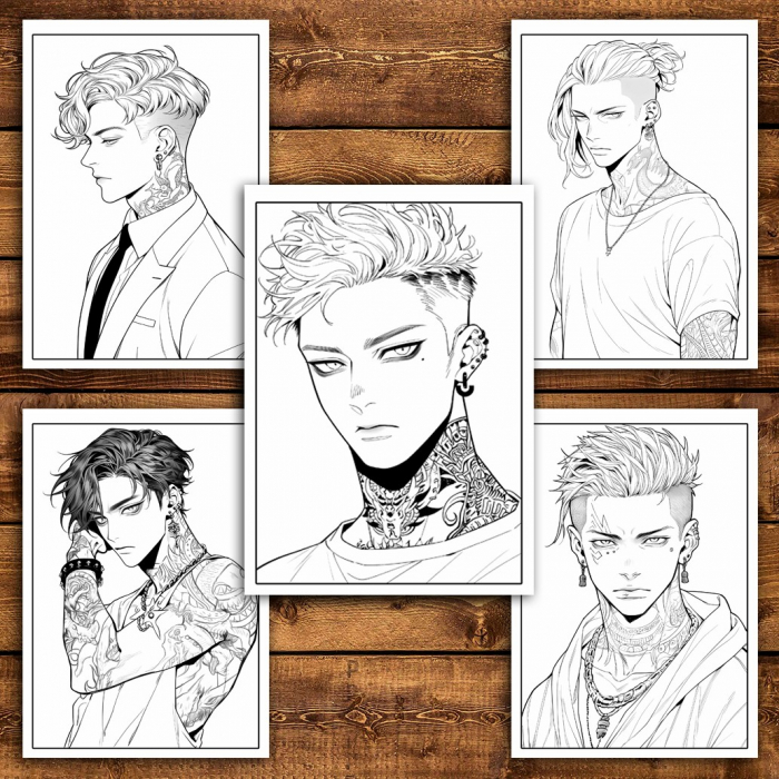 Carte de colorat pentru relaxare si antistres, 50 de ilustratii, Anime Tatoo Boys, 106 pagini [6]