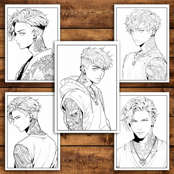 Carte de colorat pentru relaxare si antistres, 50 de ilustratii, Anime Tatoo Boys, 106 pagini [4]