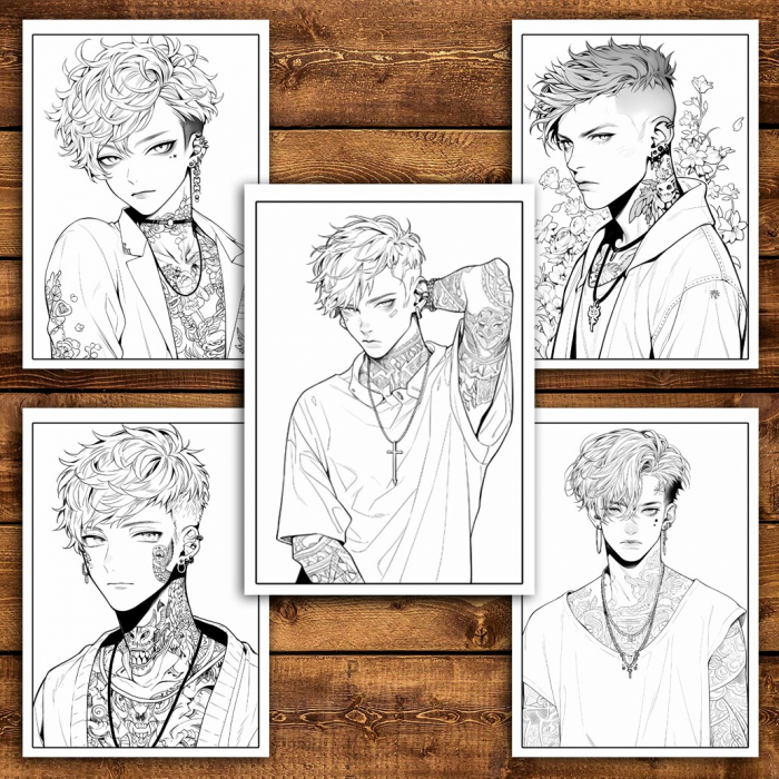 Carte de colorat pentru relaxare si antistres, 50 de ilustratii, Anime Tatoo Boys, 106 pagini [5]