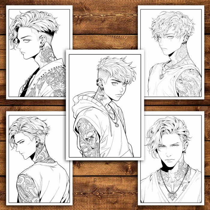 Carte de colorat pentru relaxare si antistres, 50 de ilustratii, Anime Tatoo Boys, 106 pagini [4]