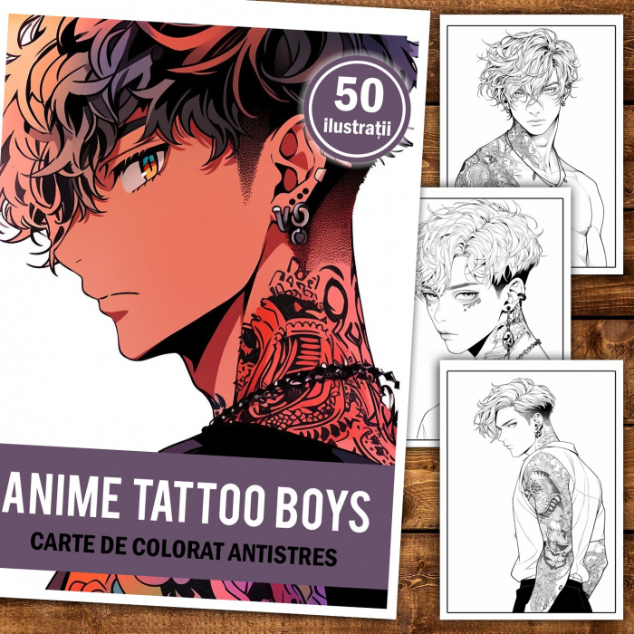 Carte de colorat pentru relaxare si antistres, 50 de ilustratii, Anime Tatoo Boys, 106 pagini [2]