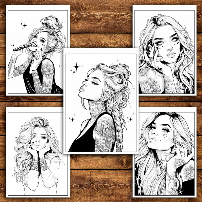 Carte de colorat pentru relaxare si antistres, 50 de ilustratii, Anime Tattoo Girls, 106 pagini [4]