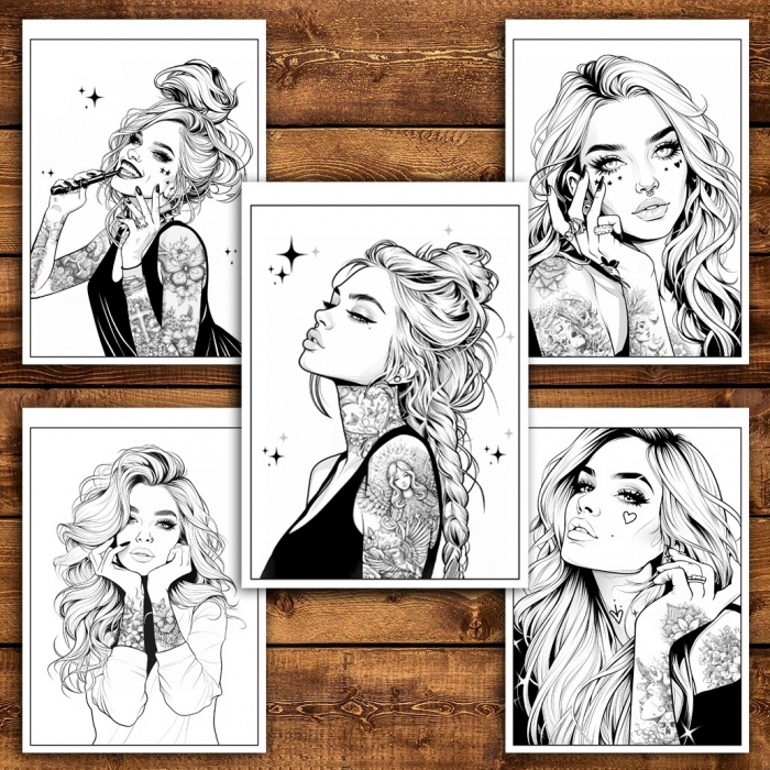 Carte de colorat pentru relaxare si antistres, 50 de ilustratii, Anime Tattoo Girls, 106 pagini [4]