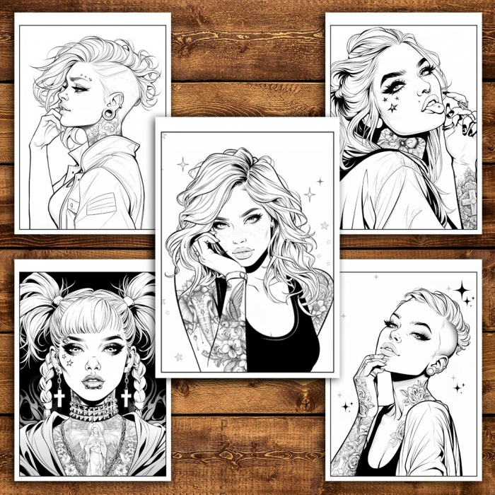 Carte de colorat pentru relaxare si antistres, 50 de ilustratii, Anime Tattoo Girls, 106 pagini [5]