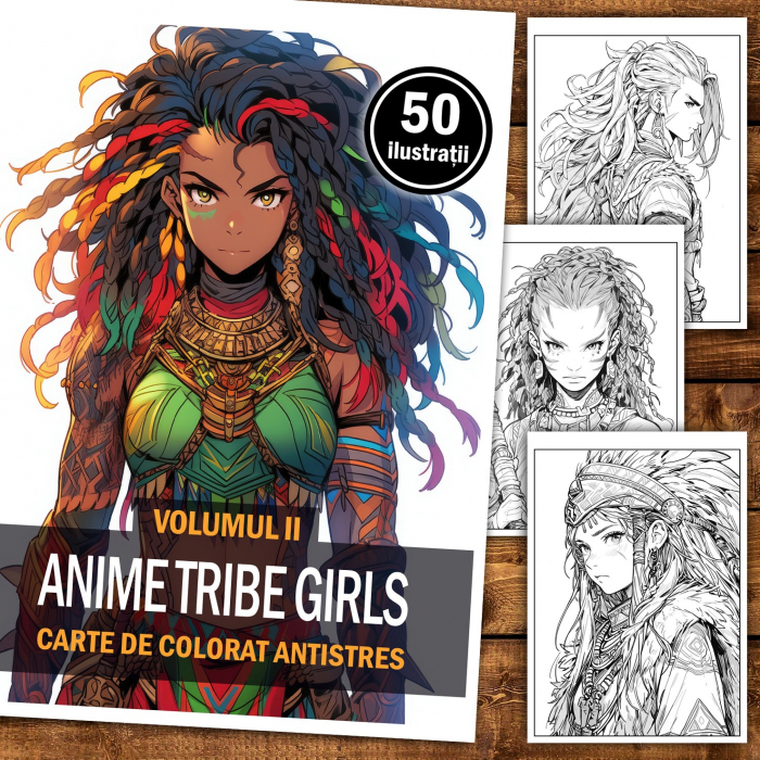 Carte de colorat pentru relaxare si antistres, 50 de ilustratii, Anime Tribe Girls - Volumul II, 106 pagini [2]