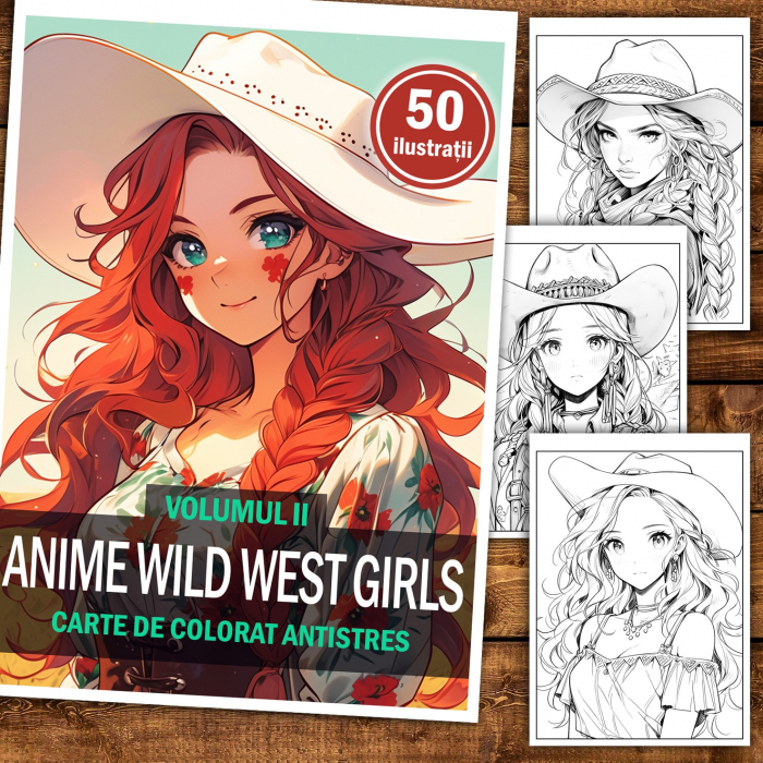 Carte de colorat pentru relaxare si antistres, 50 de ilustratii, Anime Wild West Girls - Volumul II, 106 pagini [2]